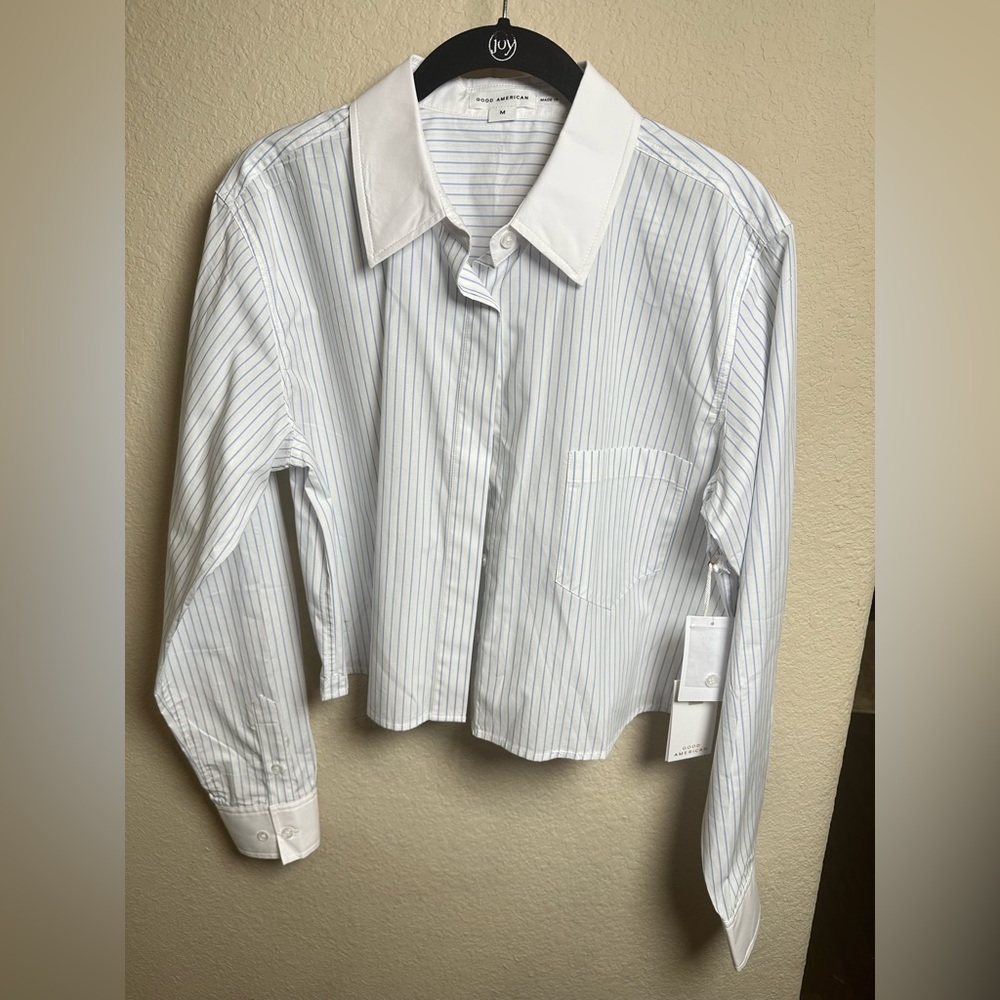 Good American Blue and White Striped Cropped Pinstripe Shirt